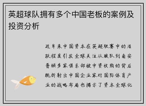 英超球队拥有多个中国老板的案例及投资分析